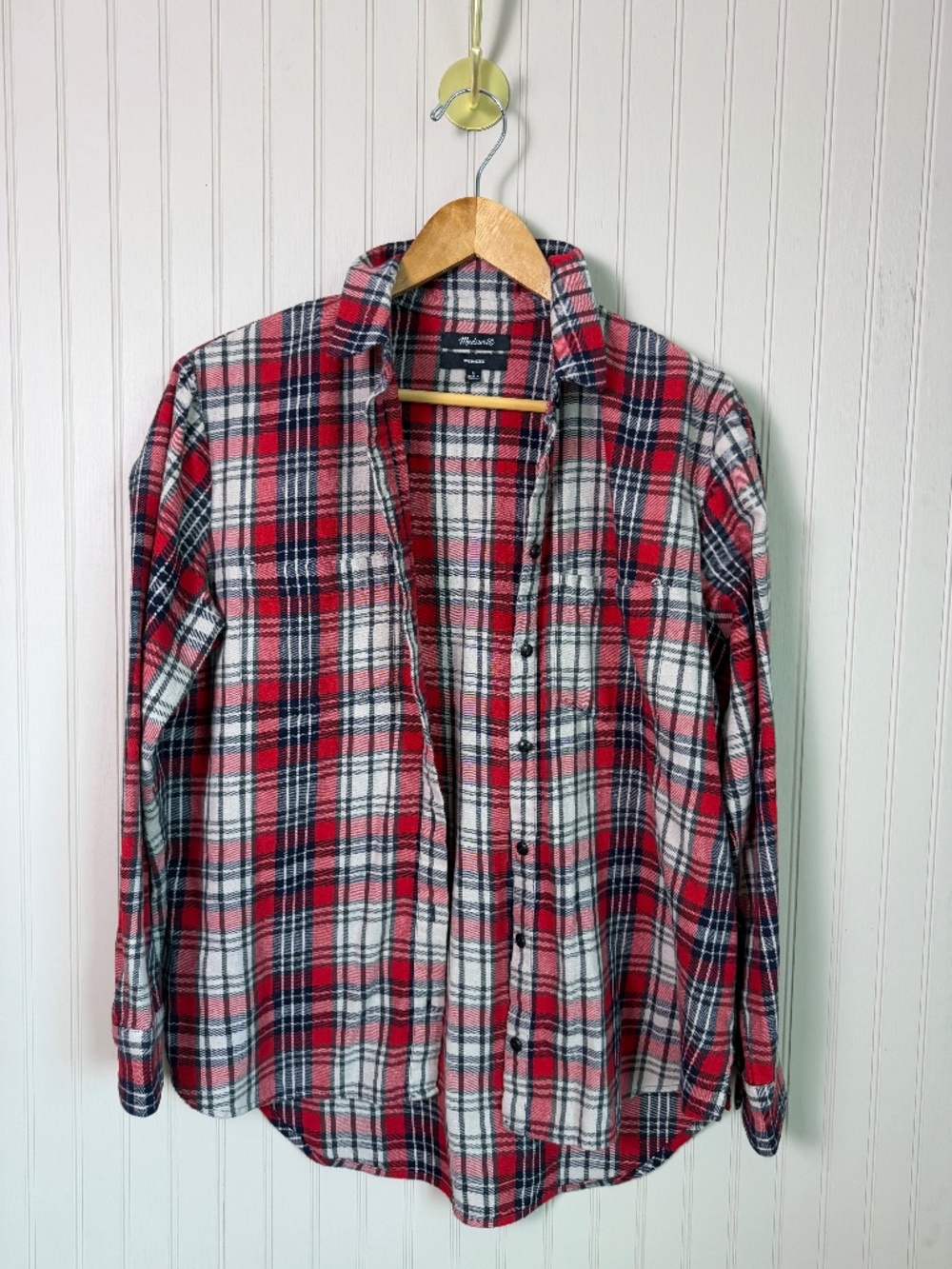 Madewell Oversized Plaid Flannel Shirt Size S Red Navy Cream Boyfriend Button Do